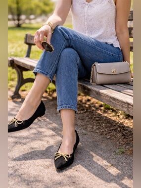 Vince Camuto Black Pointed Toe ballet Flats with Gold Bow Accent